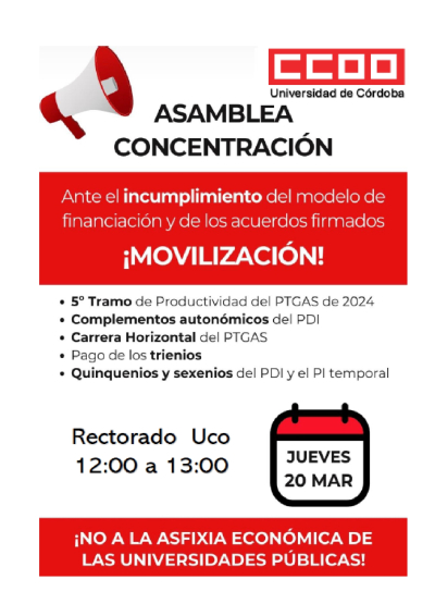 Cartel informativo convocando a la concentración en el Rectorado para el día 20 de marzo