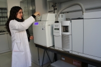 La investigadora Mara Jos Cardador trabaja con una muestra de queso en un cromatgrafo instalado en el campus de Rabanales
